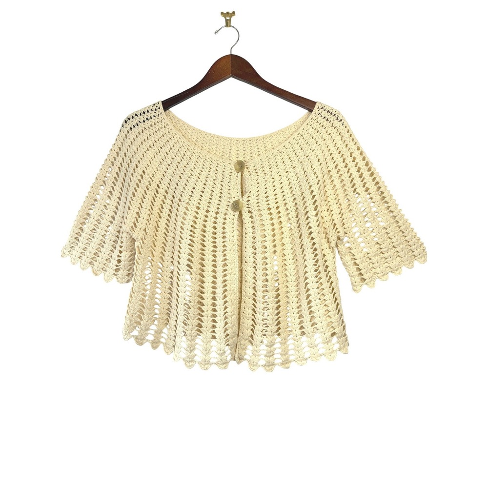 Vintage Handmade Crochet Open Knit Short Sleeve Cardigan Scalloped Hem Boho